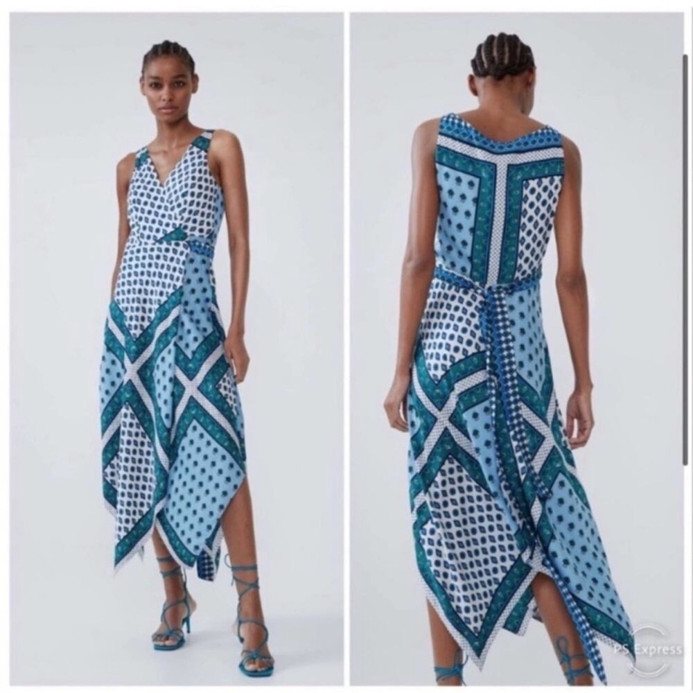 Zara Sleeveless Blue / Green Patterned Handkerchief Hem Dress